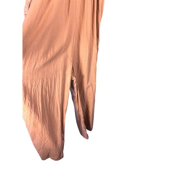 Sass Womens 12 Tan Smocked Jumpsuit Ruffle Straps Linen Blend Comfort Beachy - Picture 9 of 11